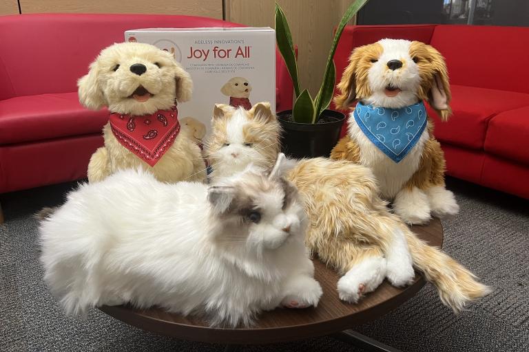 Two robot dogs wearing bandanas and two robot cats sat on a small table.